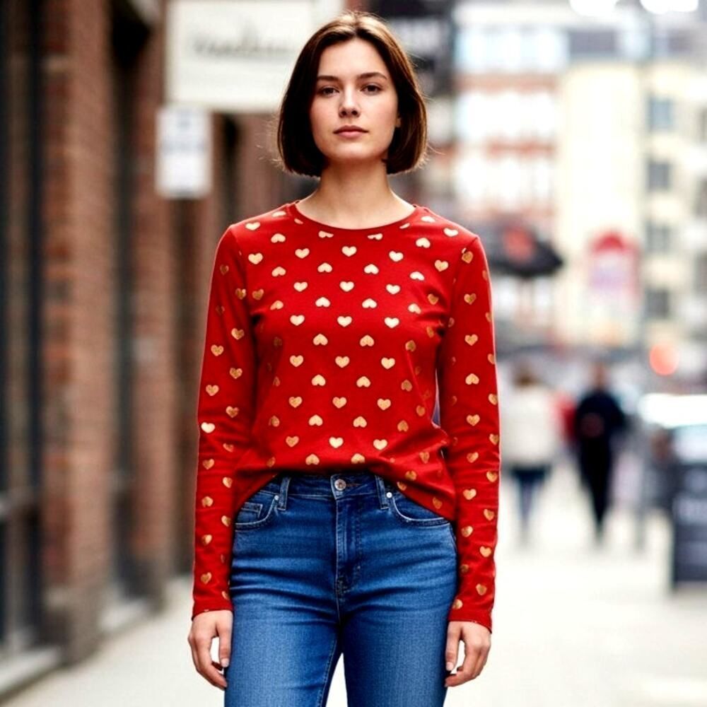 Charming NO BOUNDARIES Women's Red & Glitter Gold Heart Long Sleeve Top- Size: M